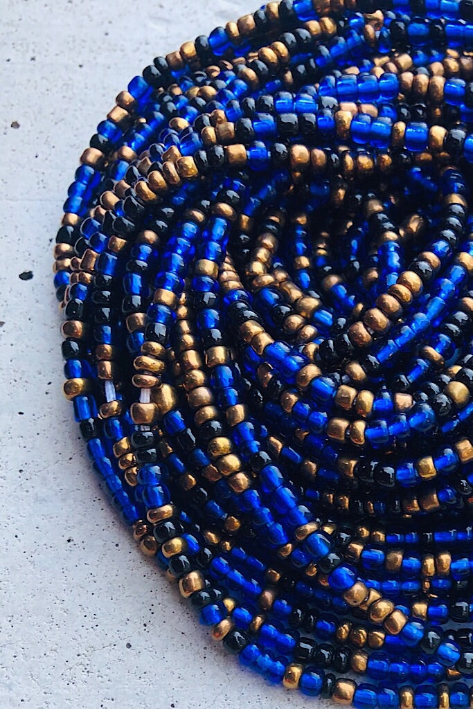 blue and bronze waist beads