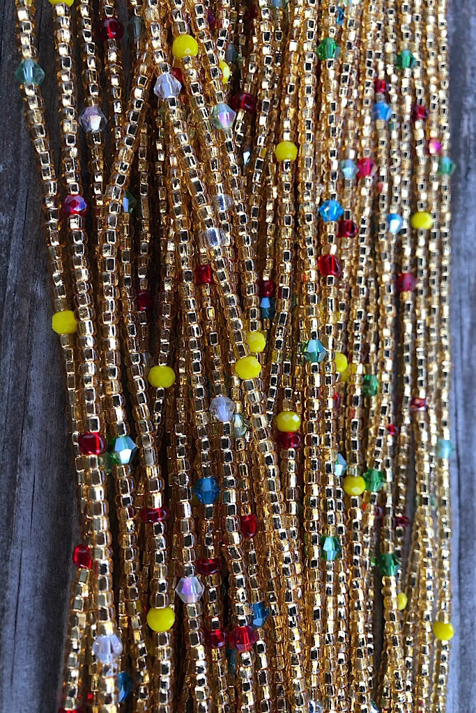 gold and rainbow waist beads for body jewelry