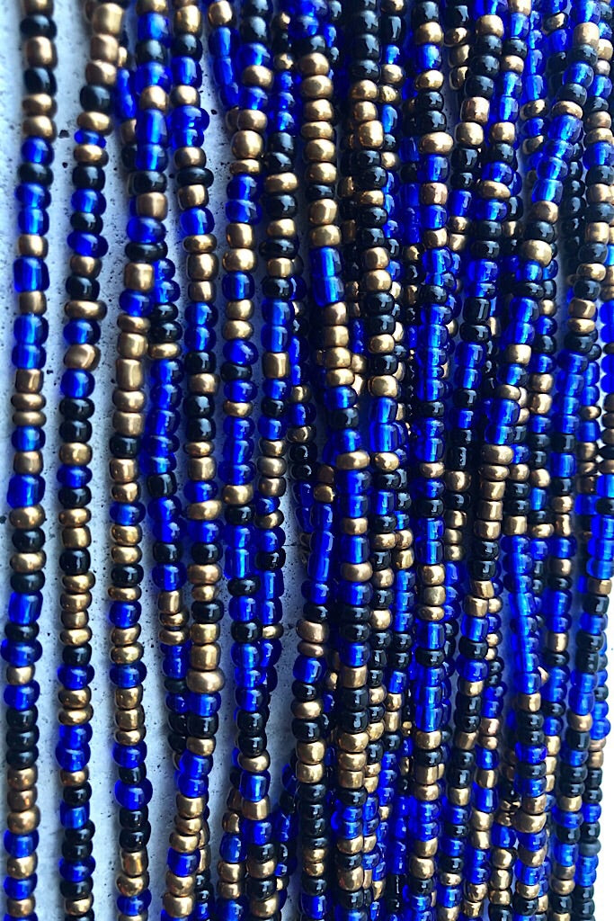blue and bronze belly beads